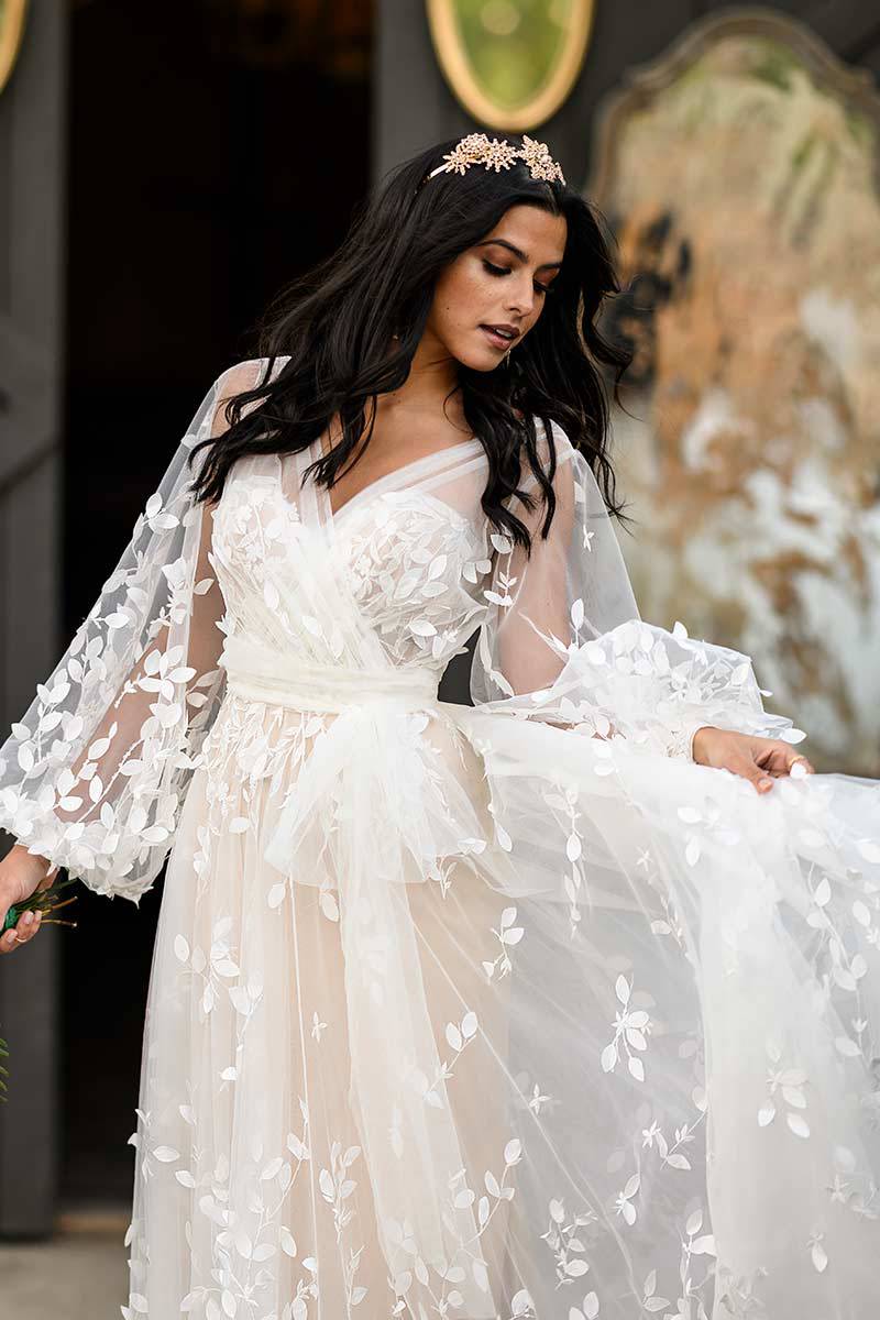 Floral Lace Boho A-Line Wedding Dress with Long Sleeves - All Who Wander  Wedding Dresses
